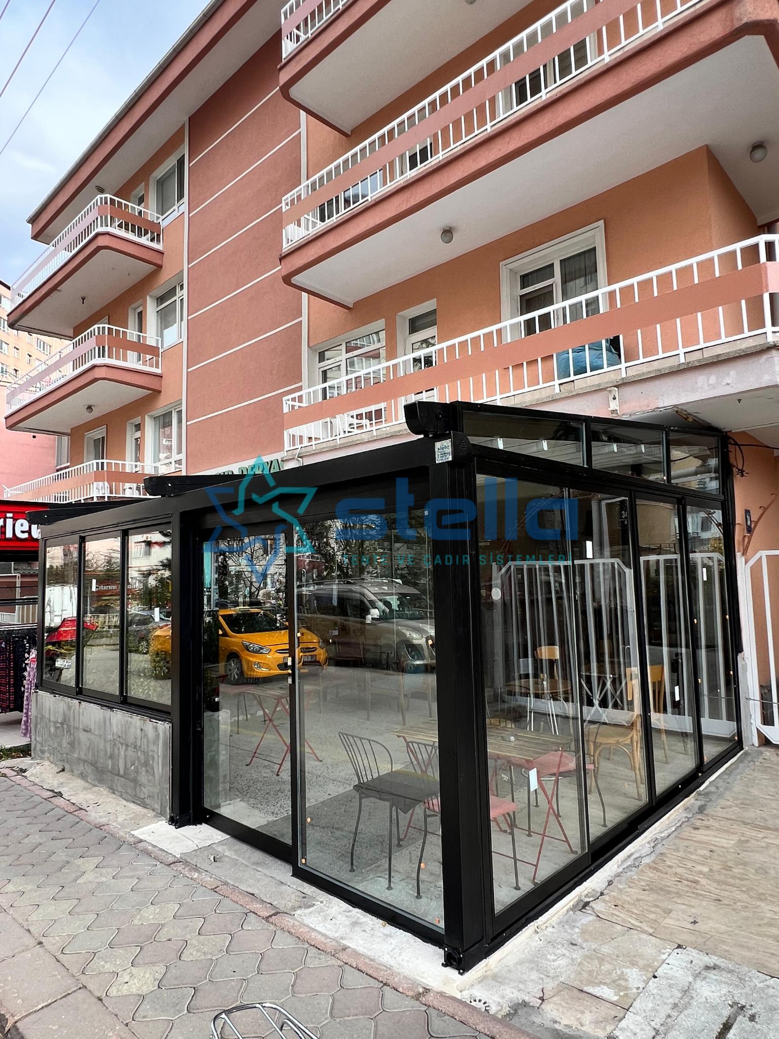 ÇANKAYA İŞÇİ BLOKLARI MOMO COFFE HOUSE PERGOLA TENTE, SÜRME CAM VE FOTOSELLİ KAPI